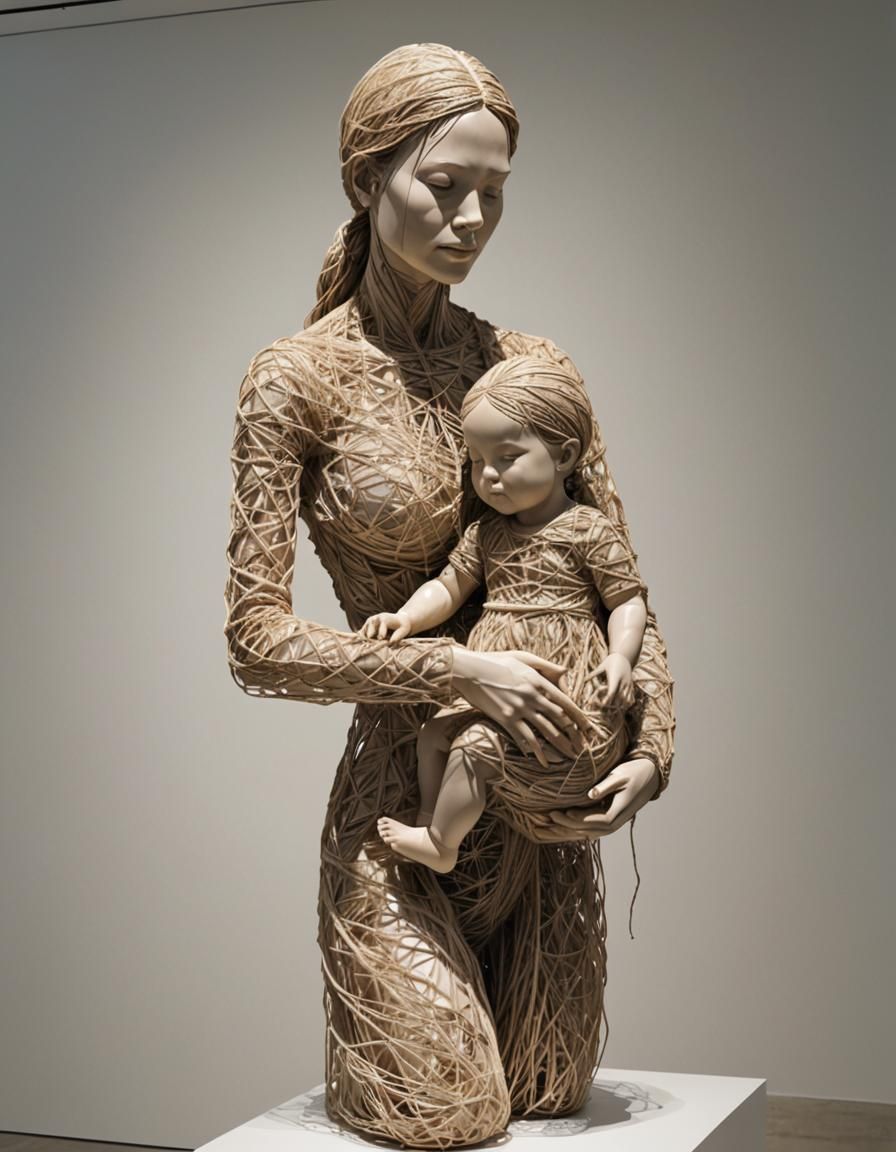Modern String Sculpture: Mother and Child