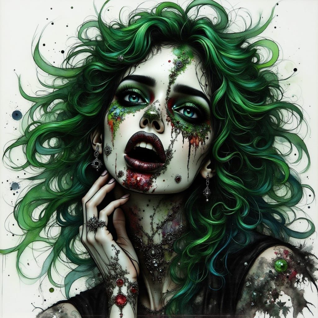 Gothic Zombie Woman with Green Hair in Watercolor Style
