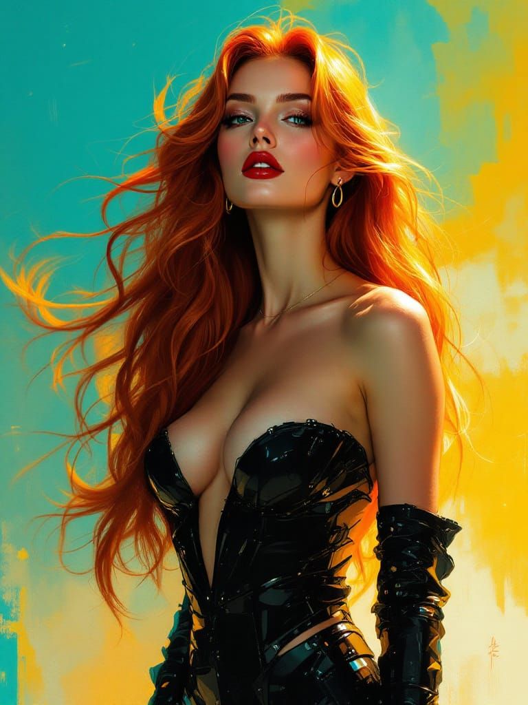 Redhead Pin-Up Woman with Fiery Hair in Vibrant Sci-Fi Elega...
