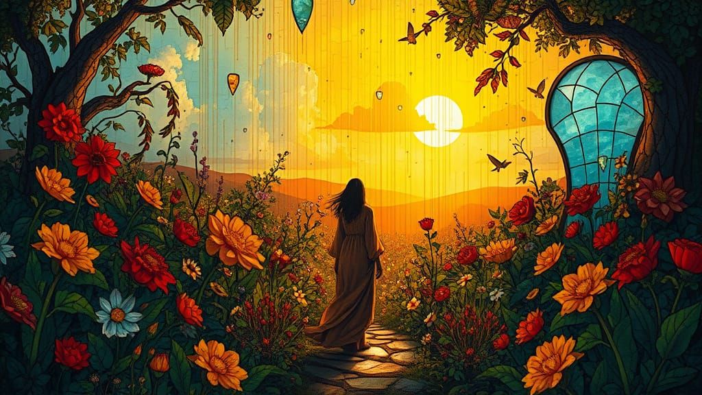 Surreal Stained Glass Garden in Vibrant Colors