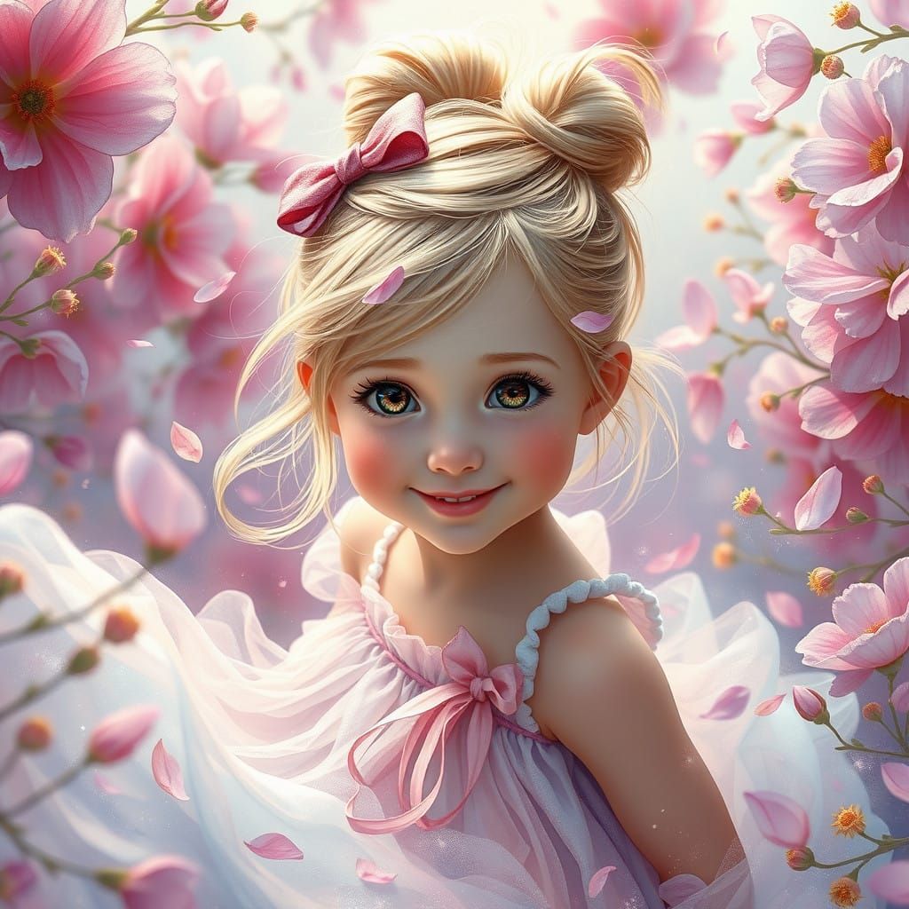 Luminous Floral Dreamscape with Whimsical Girl in Pastel Par...