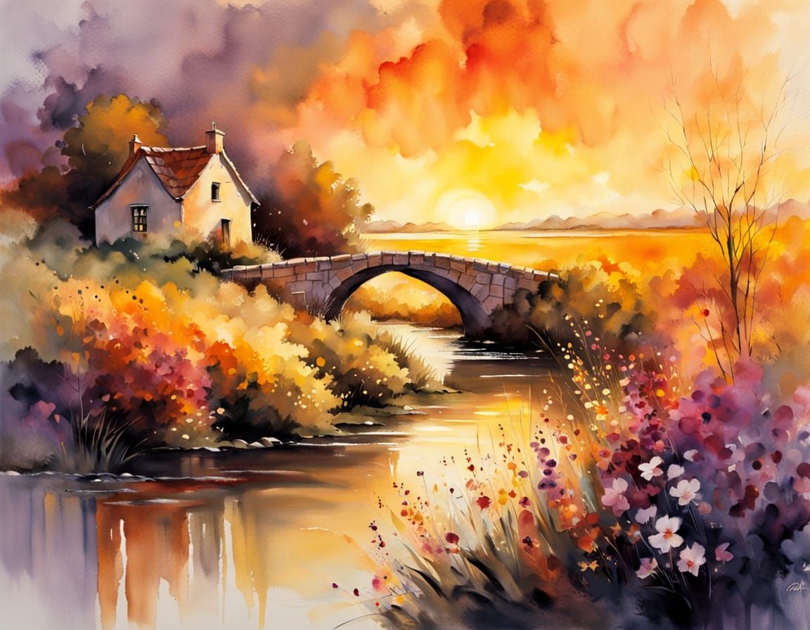 Sunset Stone Bridge in Watercolor Style