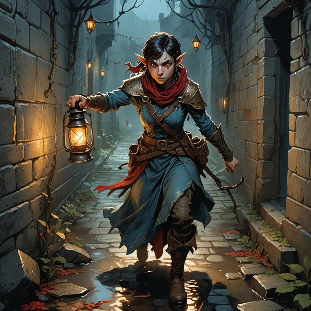 Half-Elf Rogue in Sewer: Dark Fantasy Illustration