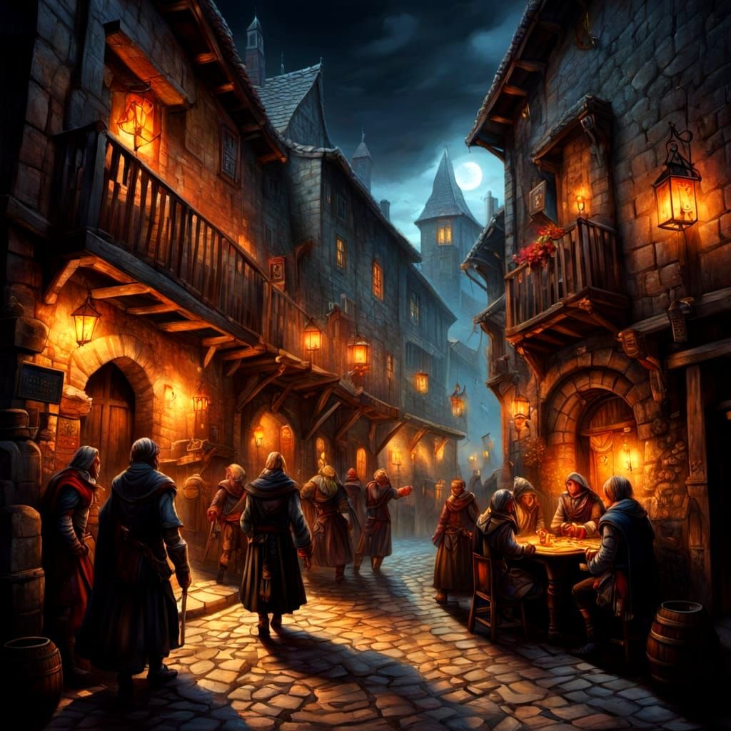 Medieval Alley Scene with Moonlight and Tavern Patrons
