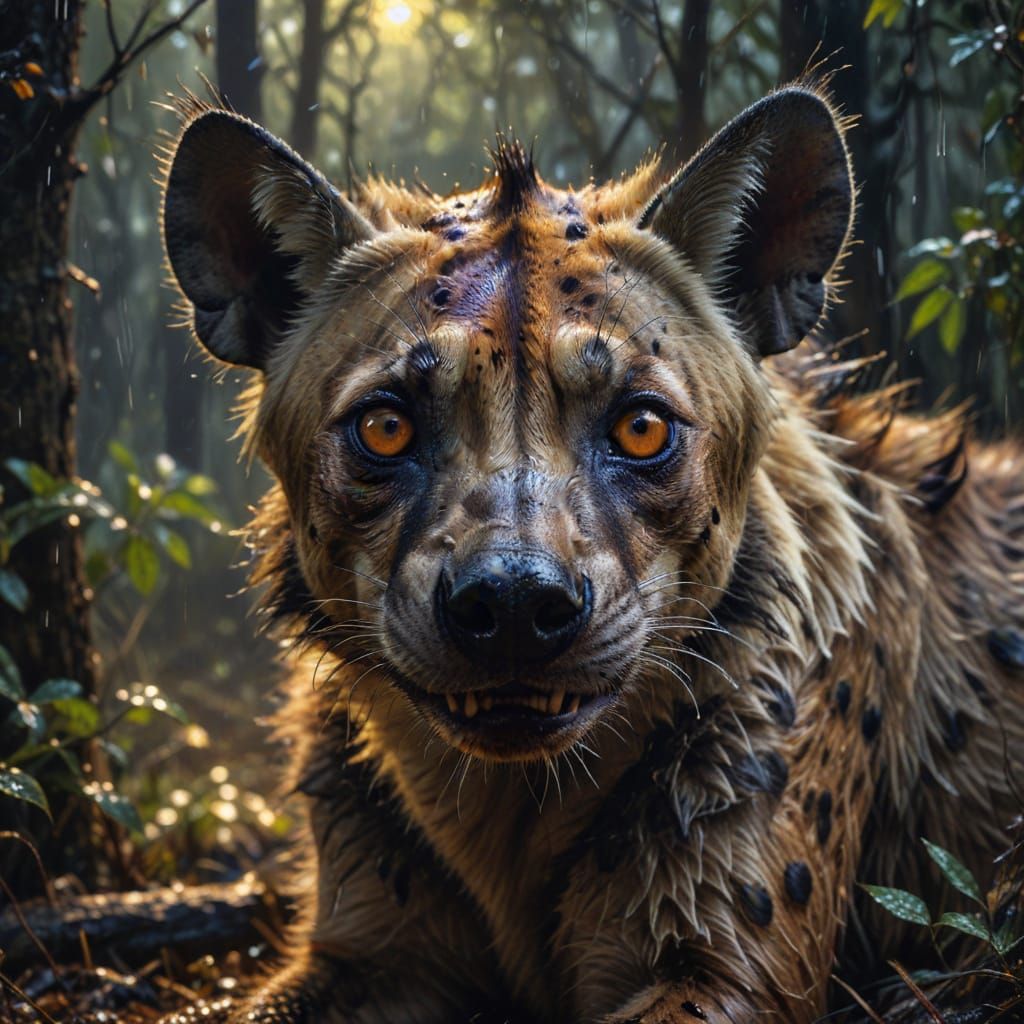Intense Golden-Eyed Hyena in Moody Oil Painting