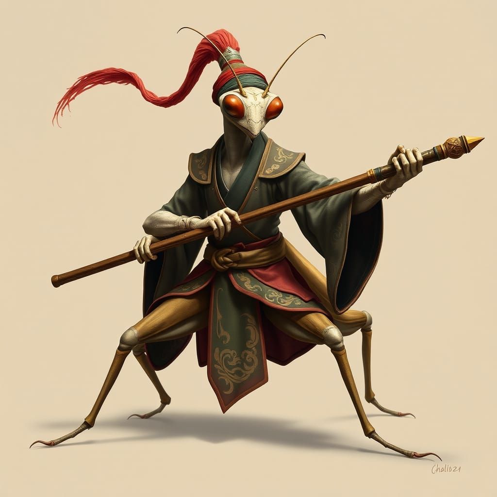 Praying Mantis Martial Artist with Staff