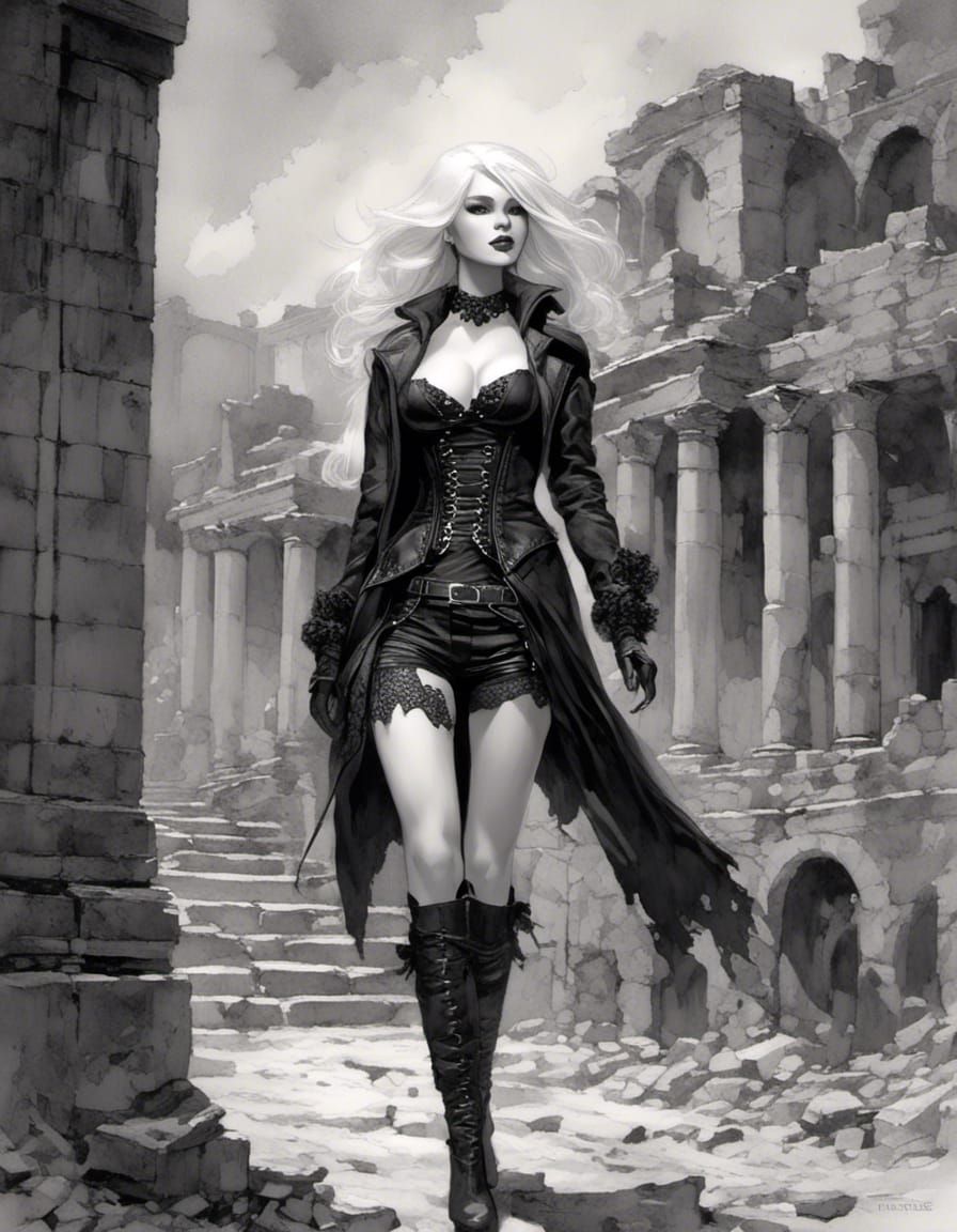 Grayscale Illustration: Woman in Bustier Among Ruins