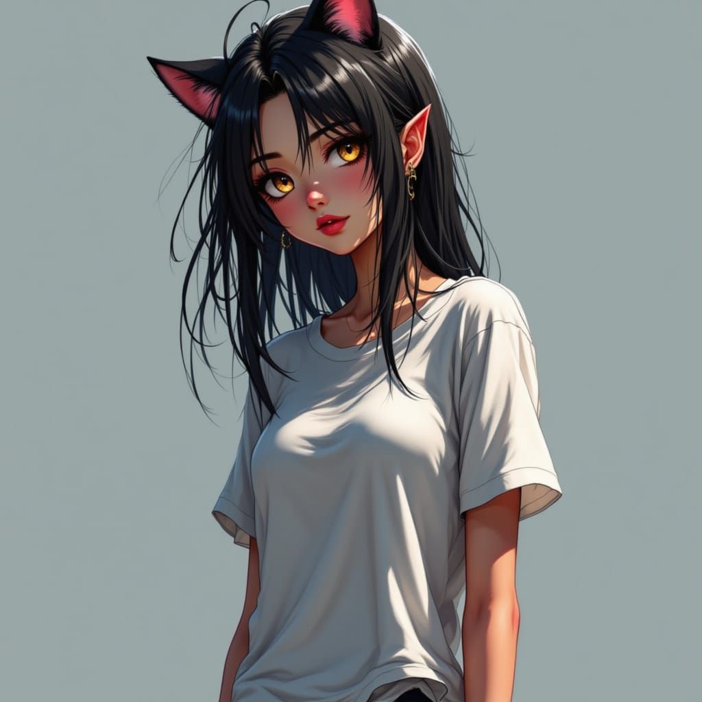 Shy Catboy in Digital Art Style