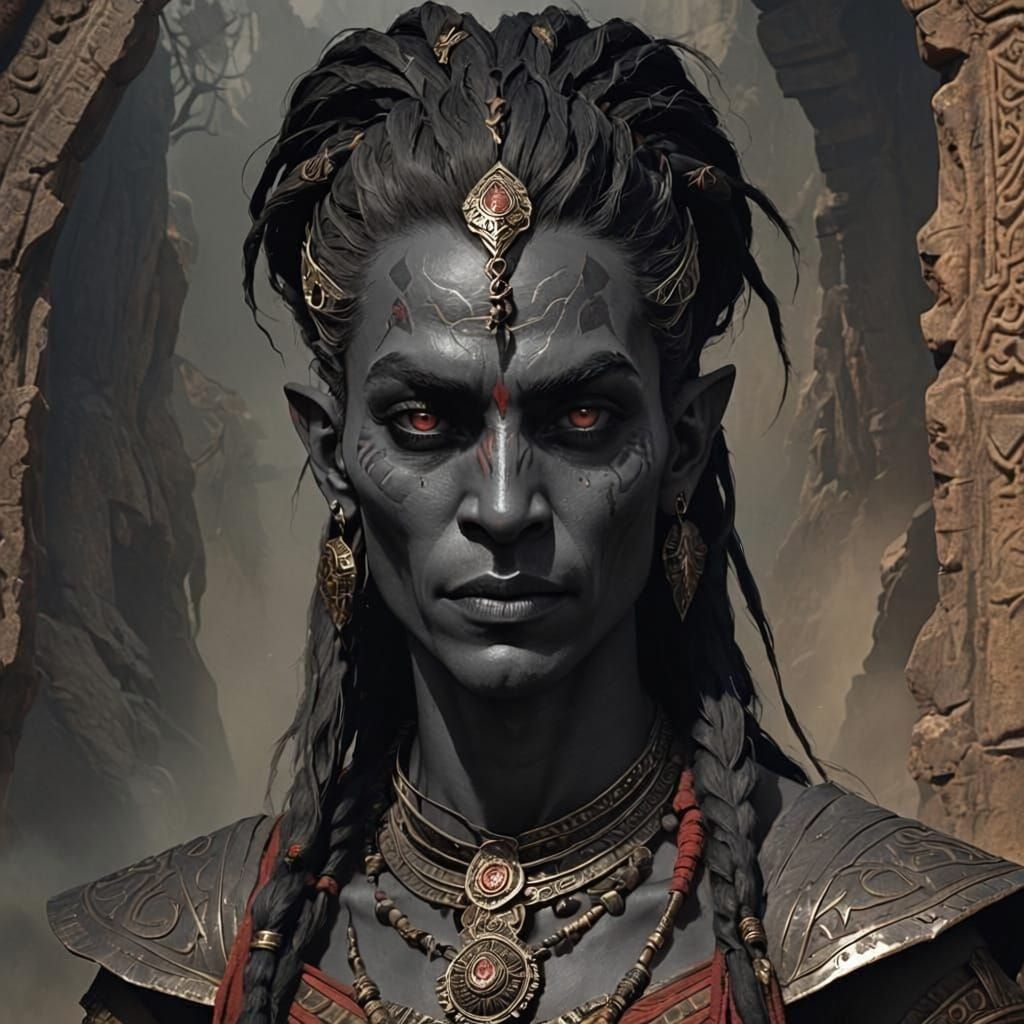 Dunmer Dark Elf Portrait in Aztec Vedic Style