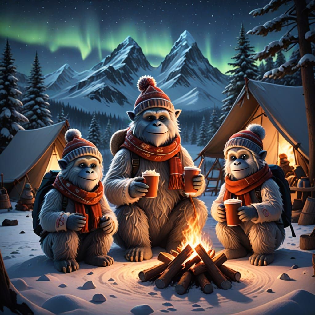 Cozy Yeti Family Gather Around a Campfire