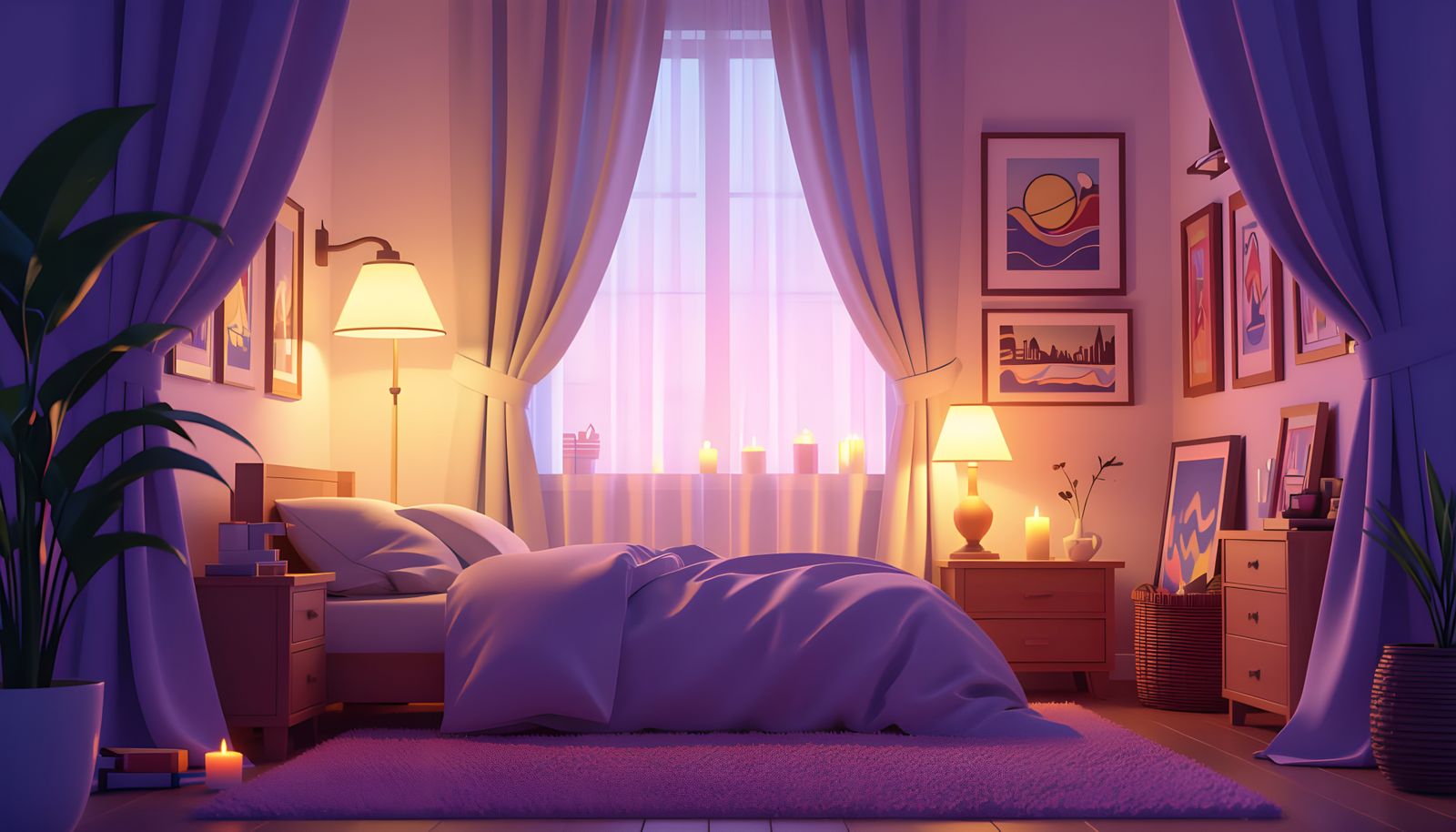 Cozy Bedroom with Soft Lighting and Artistic Walls