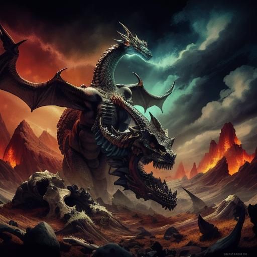 ("image of a dramatic scene where the remains of a mythical ...