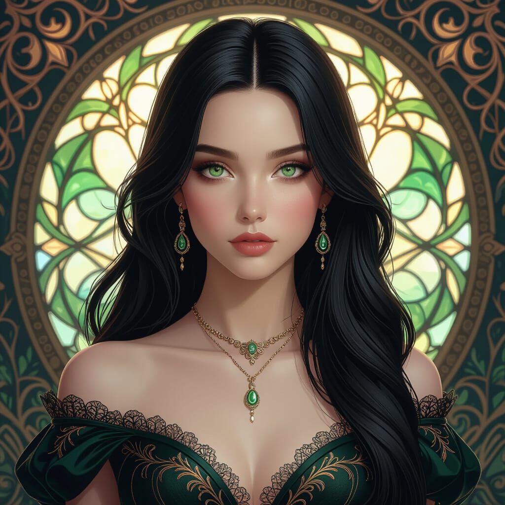 Elegant Girl with Black Hair, Art Nouveau Style