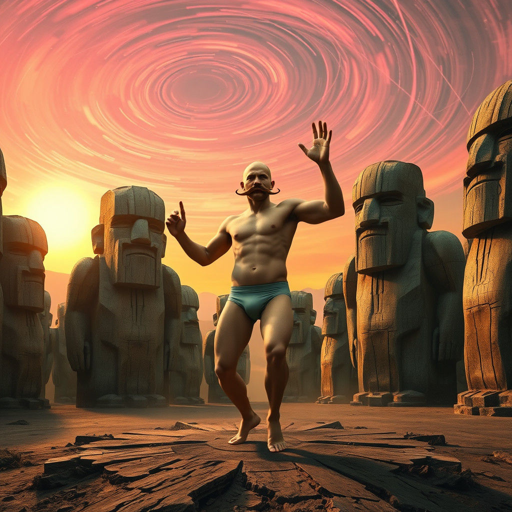 Eerie Futuristic Landscape with Dancing Man and Wooden Idols