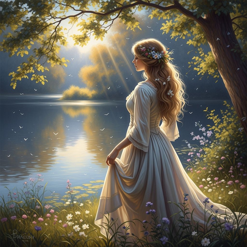 Woman with Wildflowers by Lake, in Impressionist Style