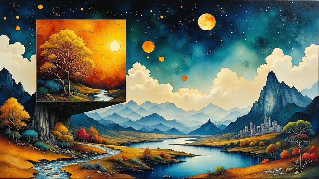 Surreal Floating Cube Over Autumn Landscape Under Starry Sky