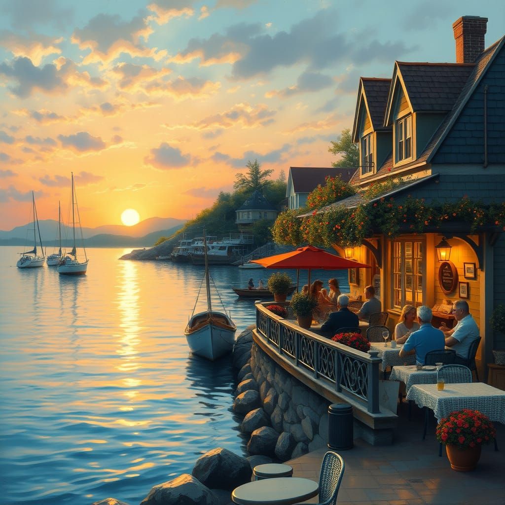 Charming Coastal Tavern by the Water at Sunset