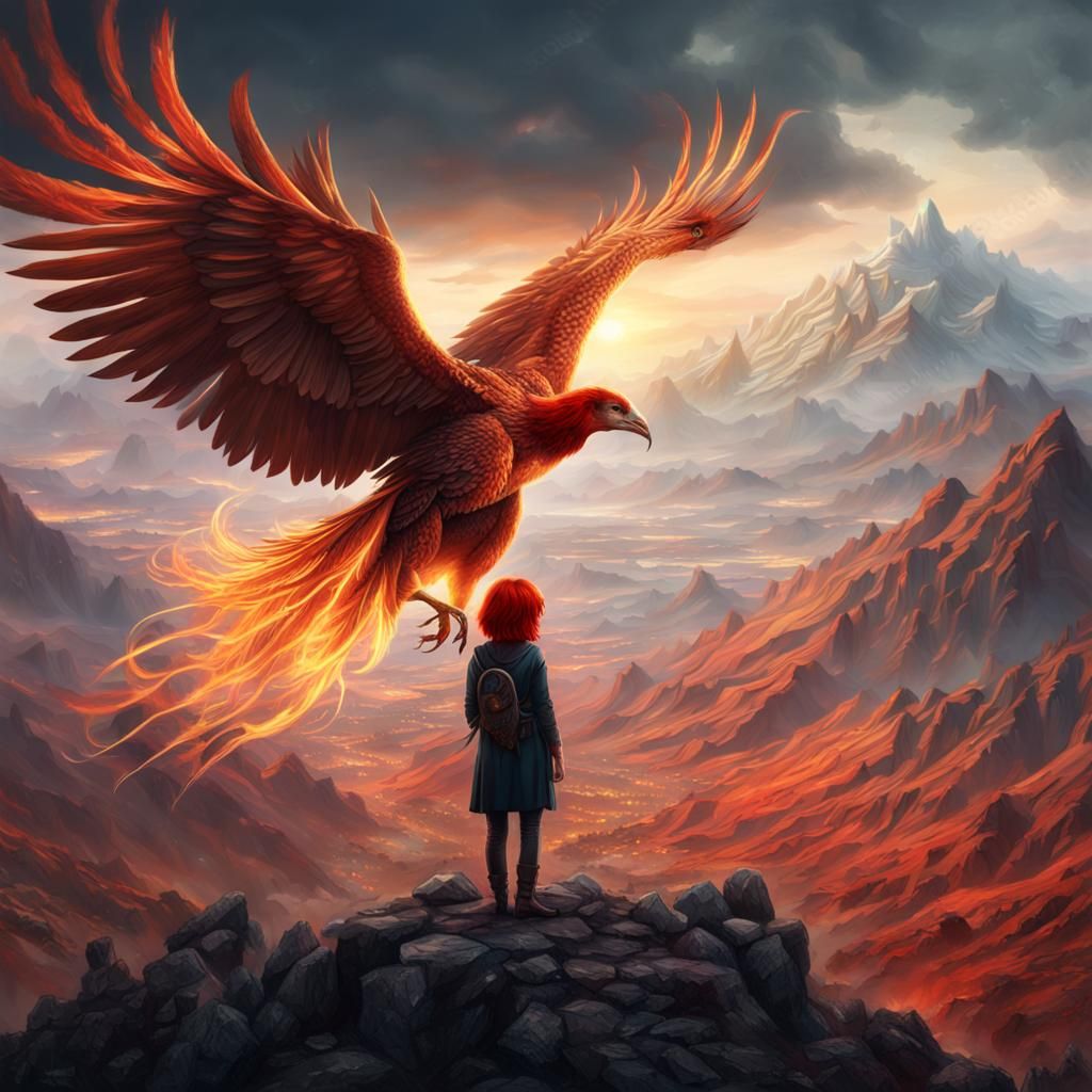 Woman with Phoenix on Mountain: Digital Matte Painting