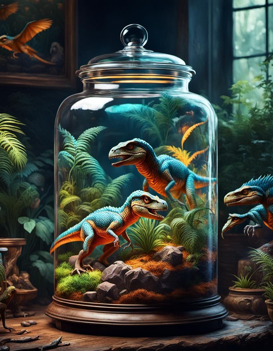 Raptors in Antique Glass Jar Terrarium