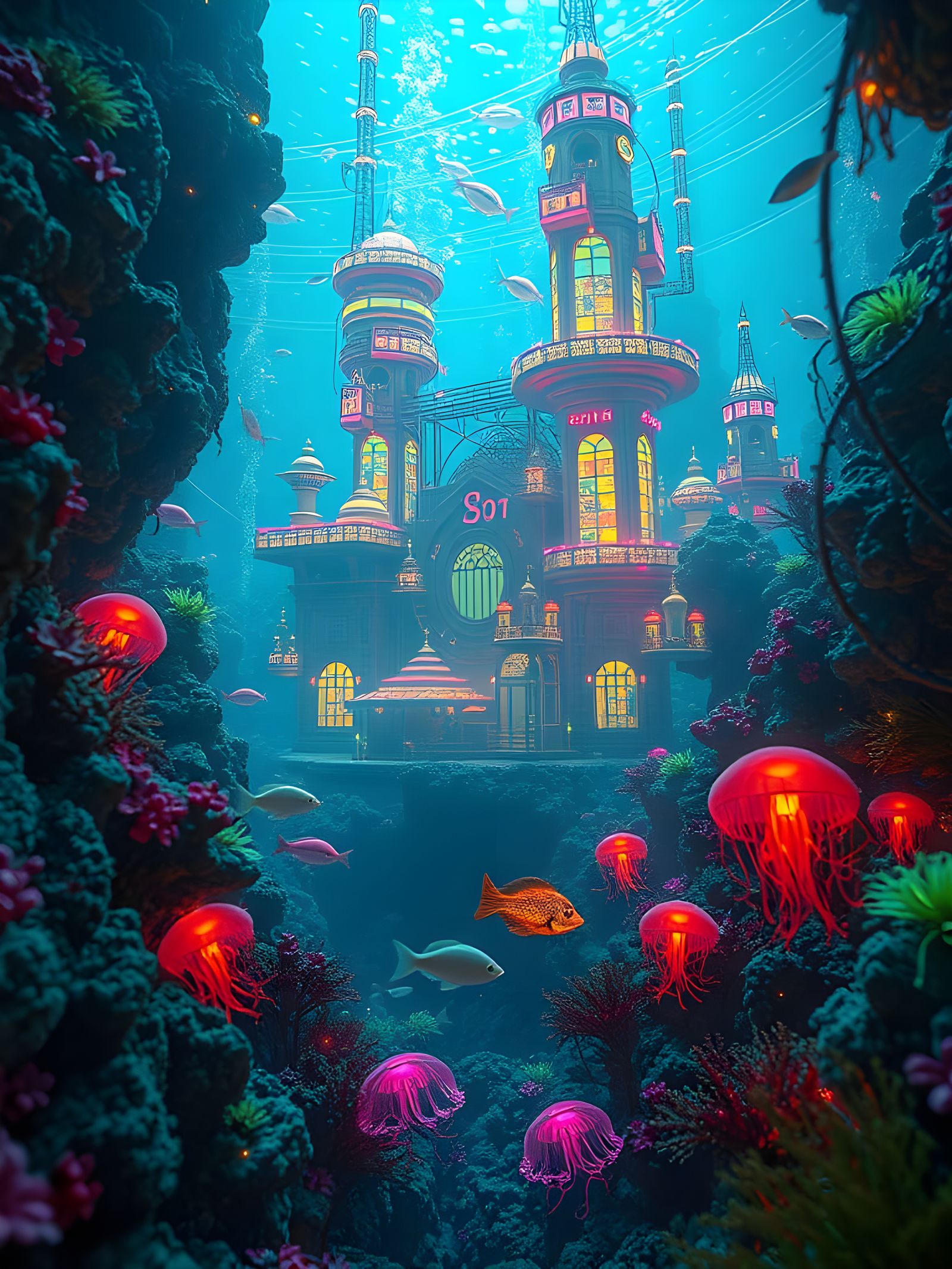 Retrofuturistic Underwater City with Bioluminescent Life