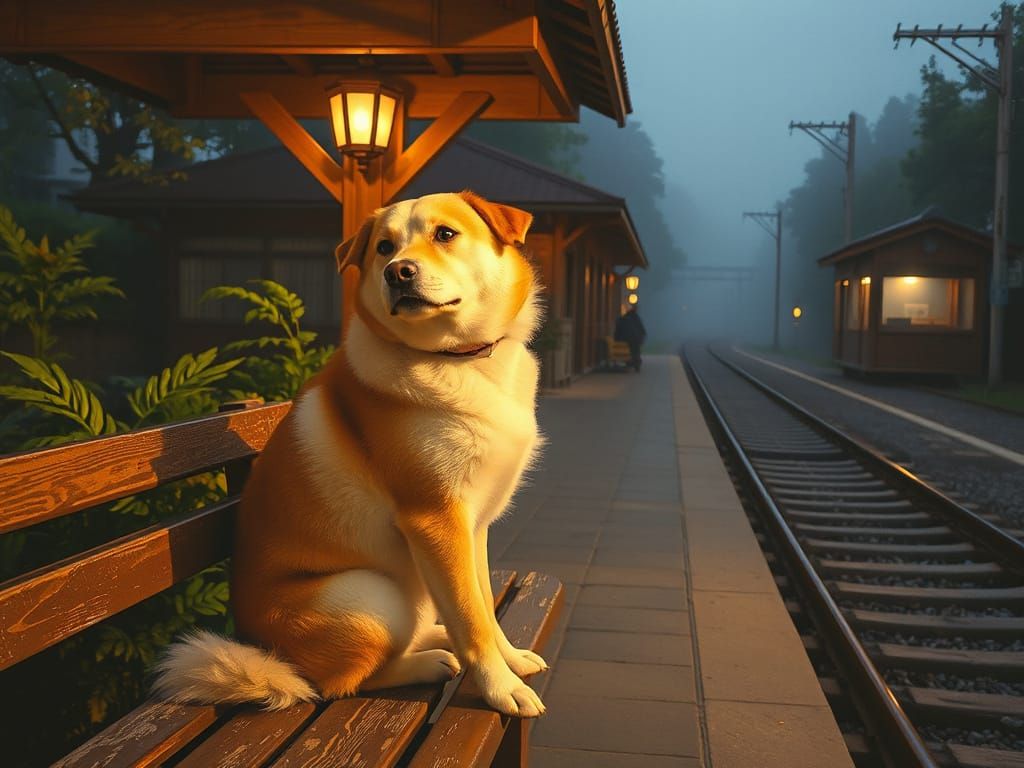 A Loyal Akita Waits in Serene Japanese Countryside