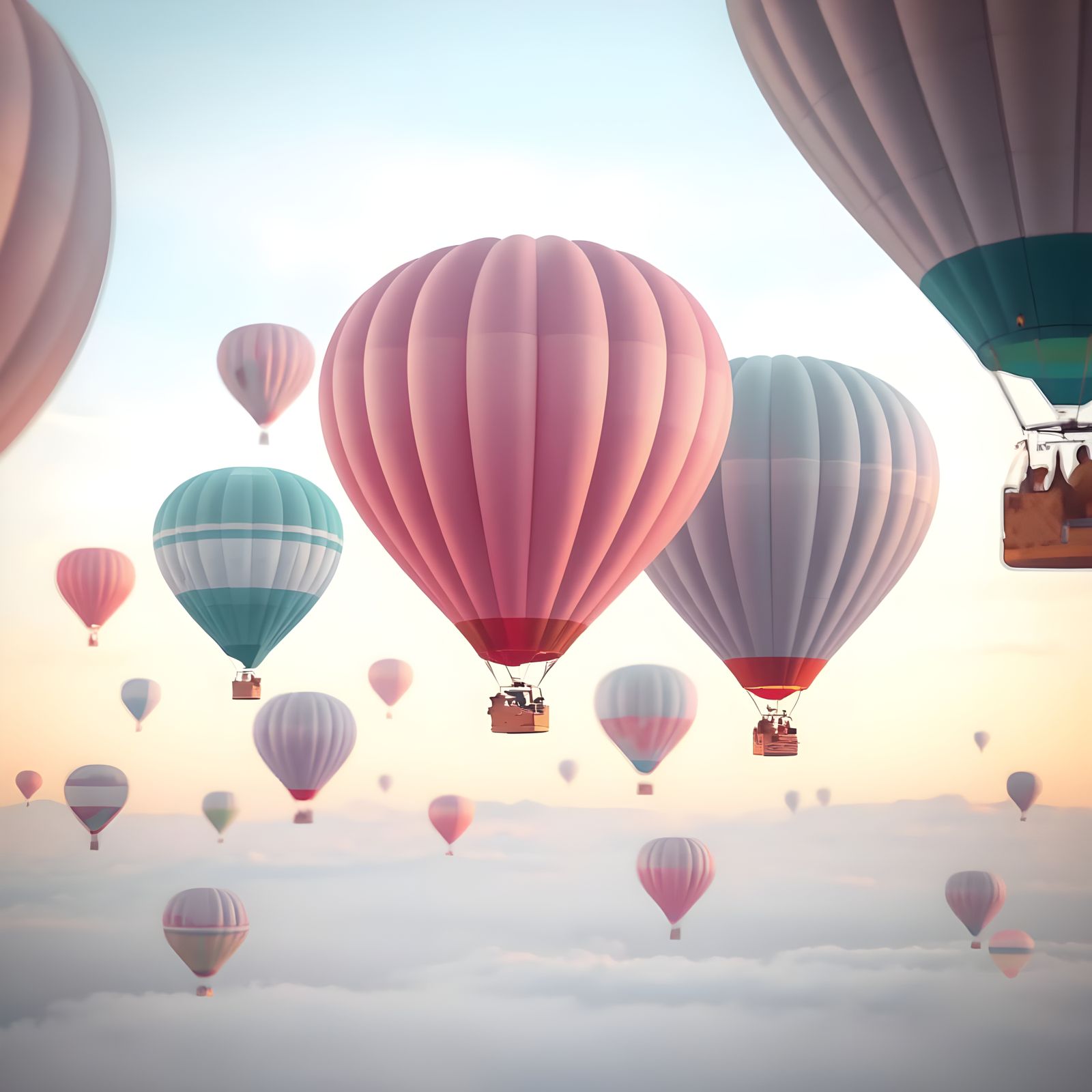 Surreal Pastel Hot Air Balloons Soar Across Soft Sunrise Sky