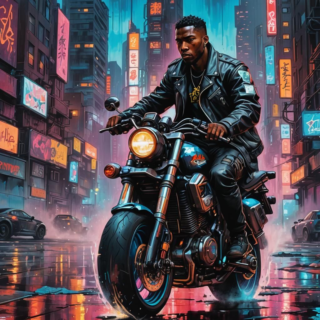 Cyberpunk Graffiti Art: Futuristic Rider in Dystopian City