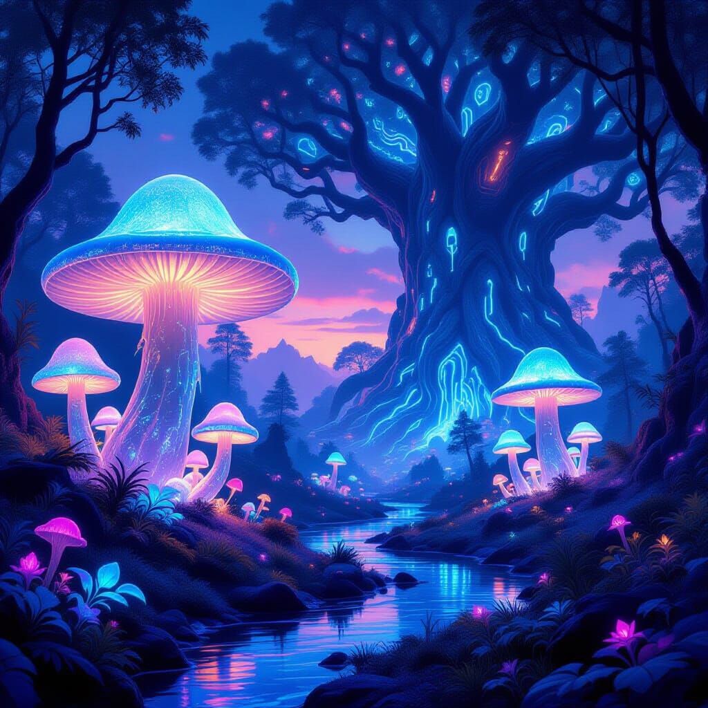 Ethereal Bioluminescent Forest with Glowing Mushrooms