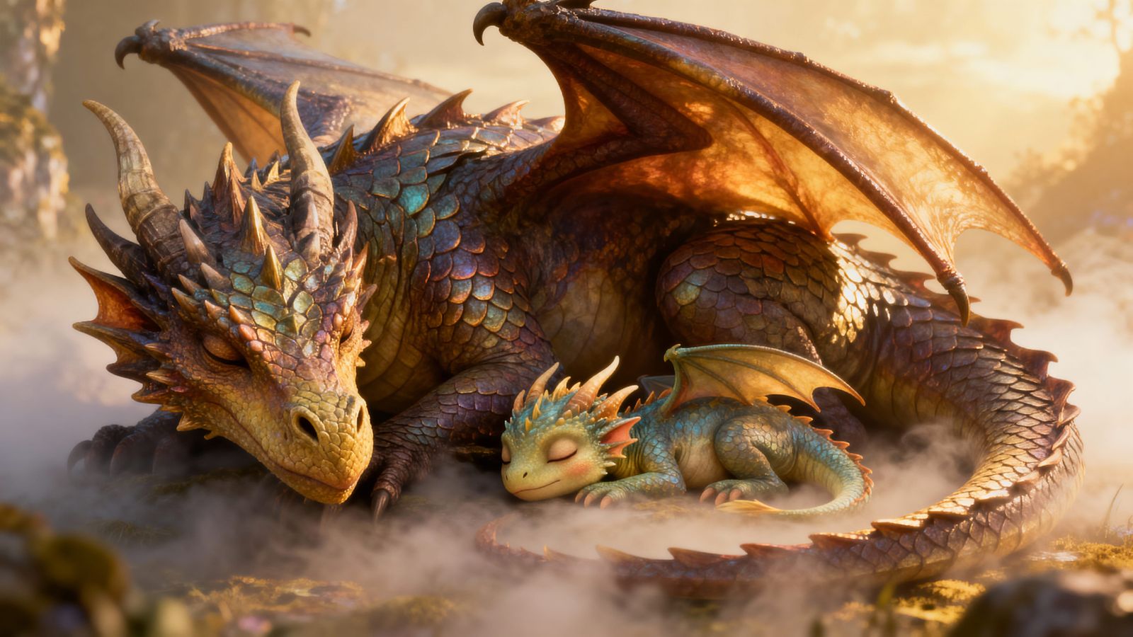 Mother and Baby Dragon Sleeping in Ethereal Mist