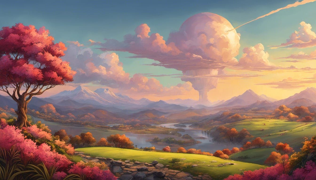 Surreal Night Landscape Painting with Aurora