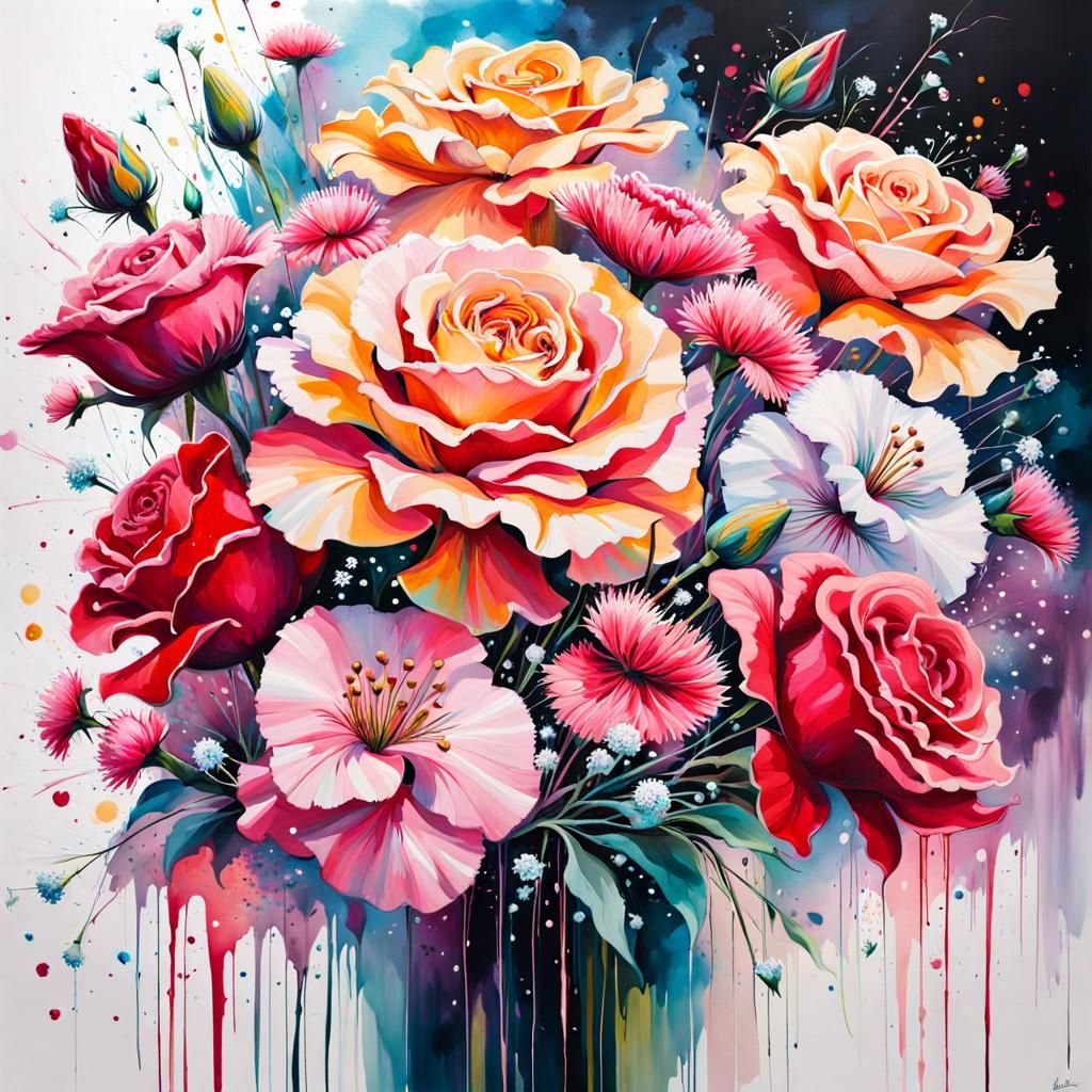Vibrant Flower Bouquet in Pastel Graffiti Style