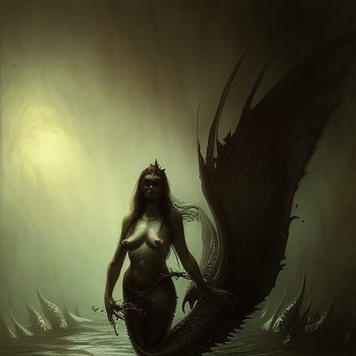 Horror Demon Mermaid in Dark Gothic Style