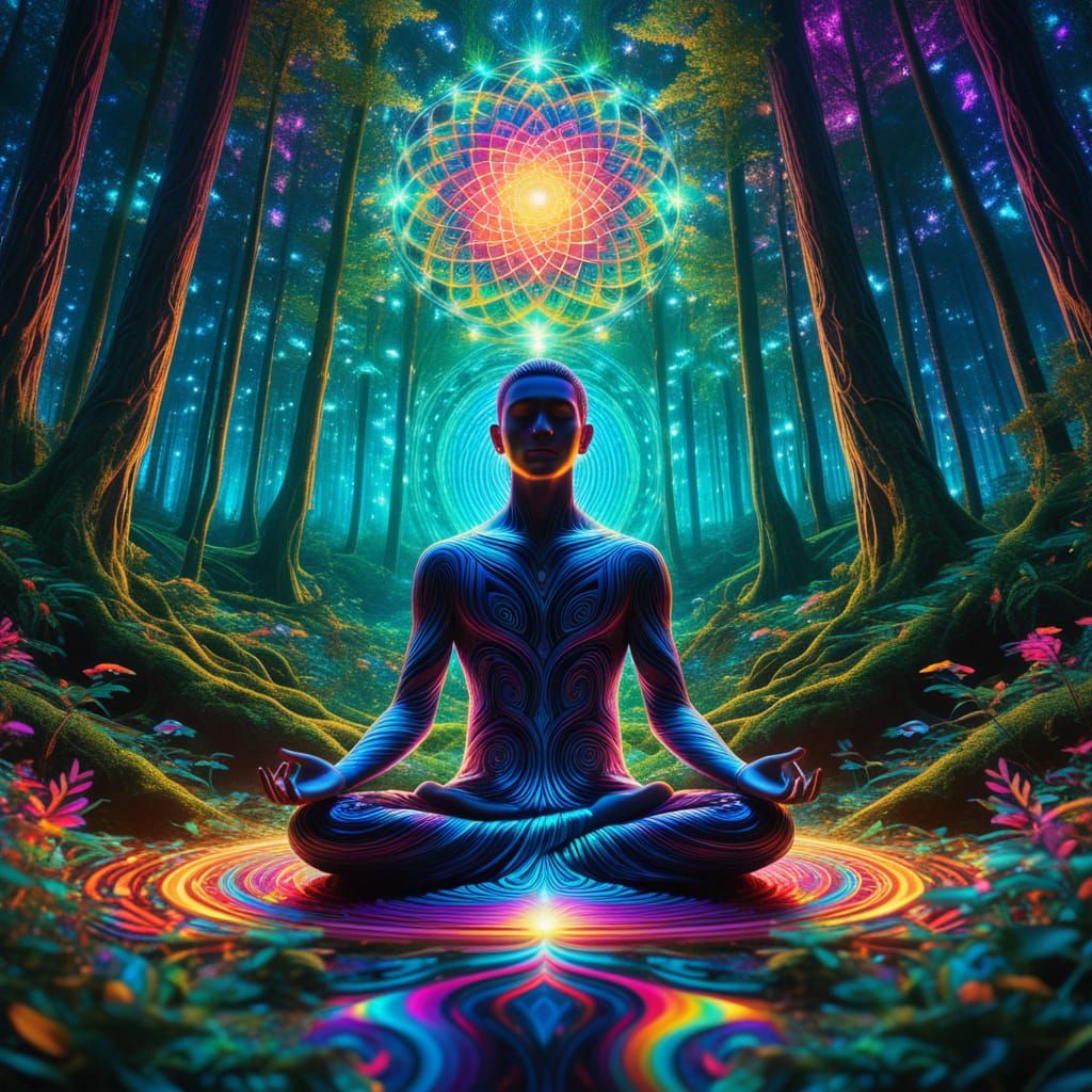 Meditating Figure in Luminous Psychedelic Forest