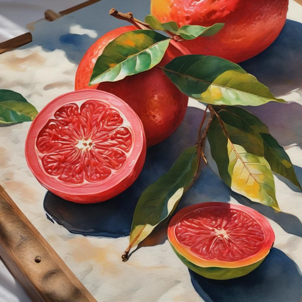 Red Guava Fruit in Maximalist Gouache Watercolor Art