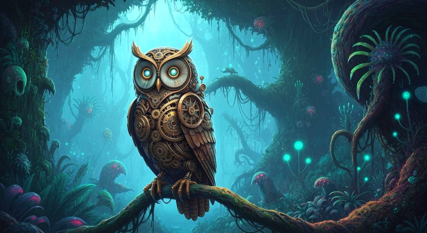 Intricate Clockwork Owl on Bioluminescent Branch
