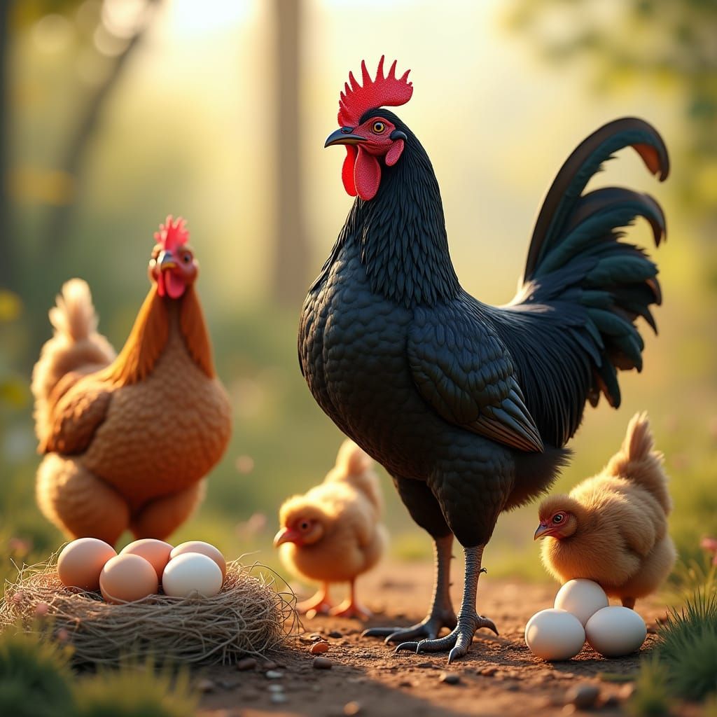 Rural Farm Life with Proud Chickens and Fresh Eggs in a Sunn...