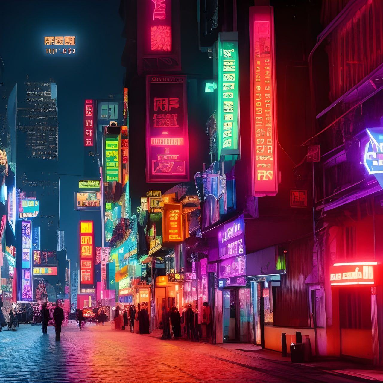 Neon Cyberpunk futuristic city, main street, neon signs visible, cyberpunk 2099 blade runner 2049 neon
