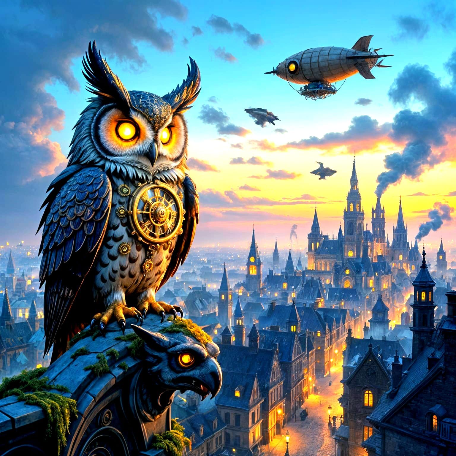 Clockwork Owl Over Steampunk City at Dusk