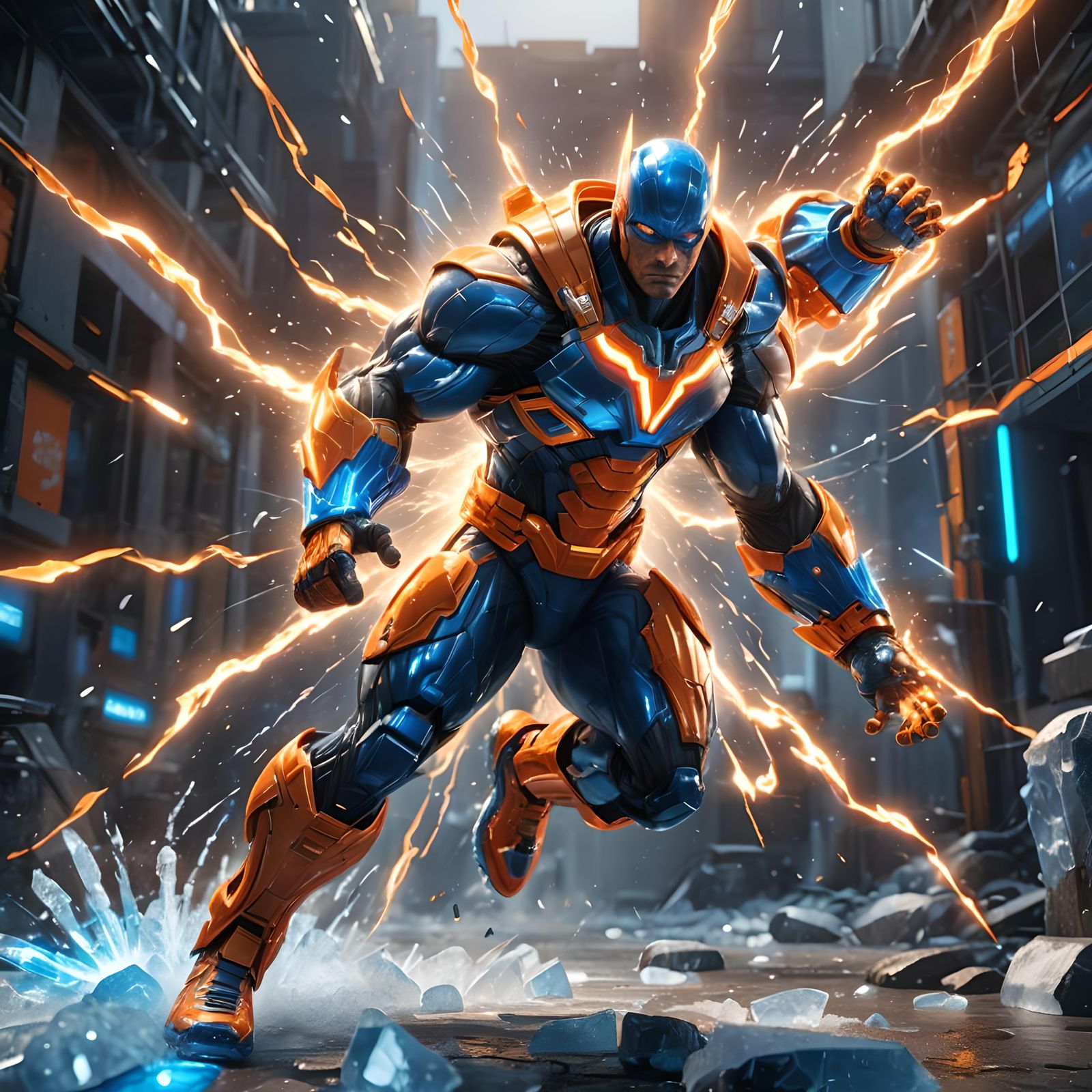 Muscular Superhero Wielding Ice and Electricity