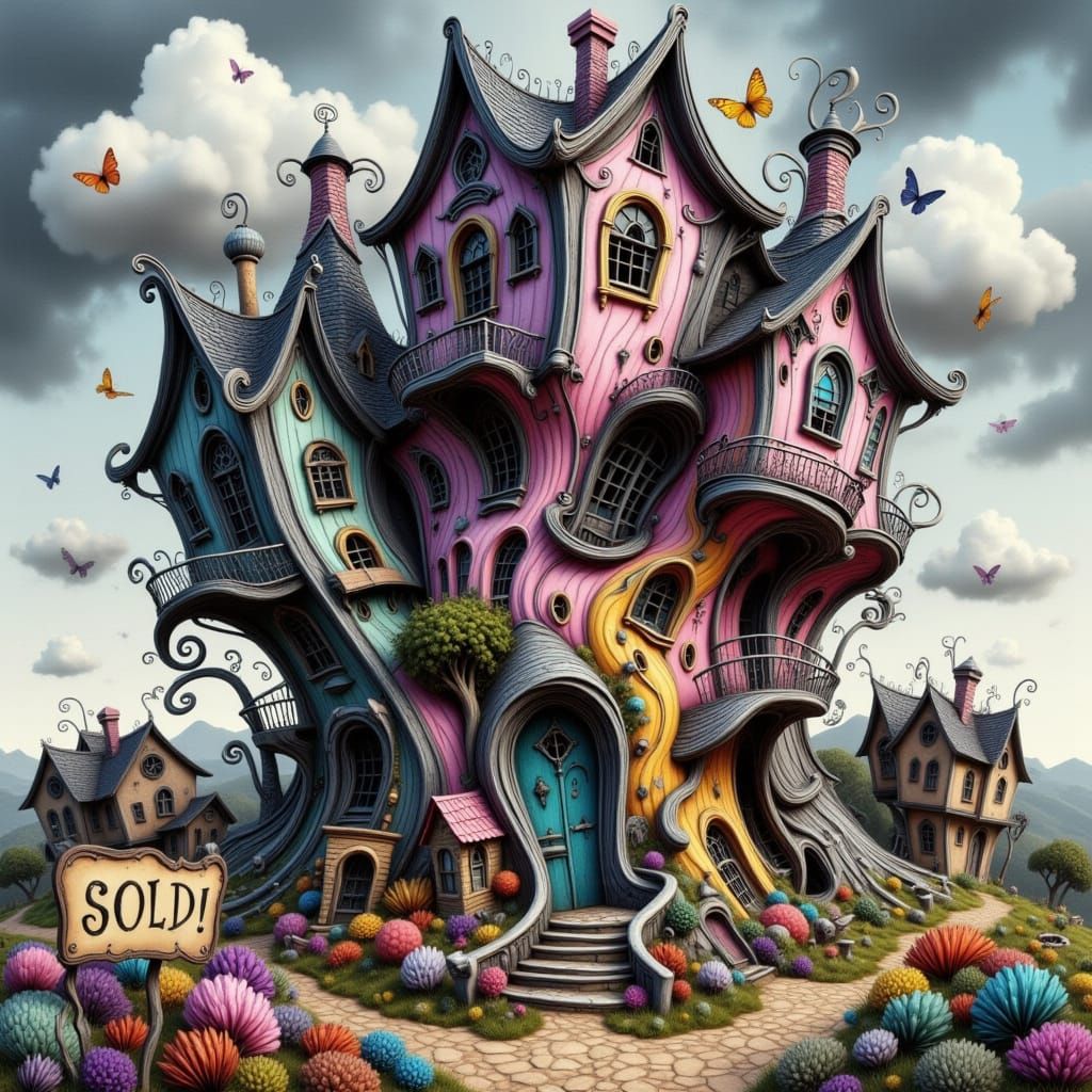 Whimsical Crooked Houses in Tim Burton Style