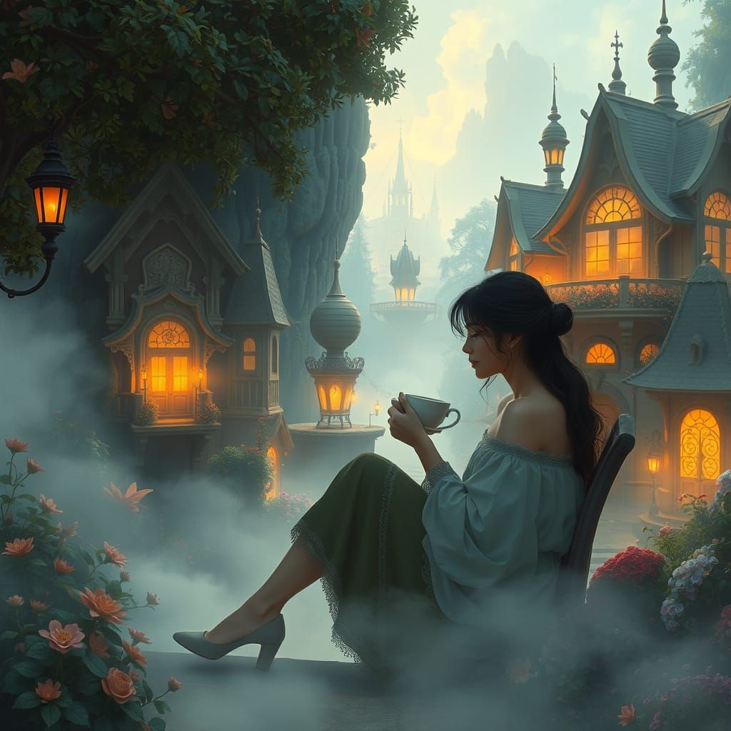 Woman Sipping Coffee in Ethereal Fantasy Landscape