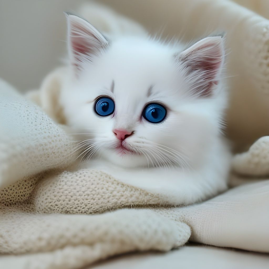 Cute White Kitten Snuggled in a Blanket