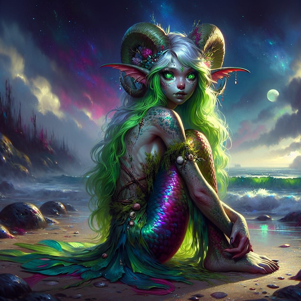 Satyr Mermaid Gazing into Fog, Digital Matte Painting