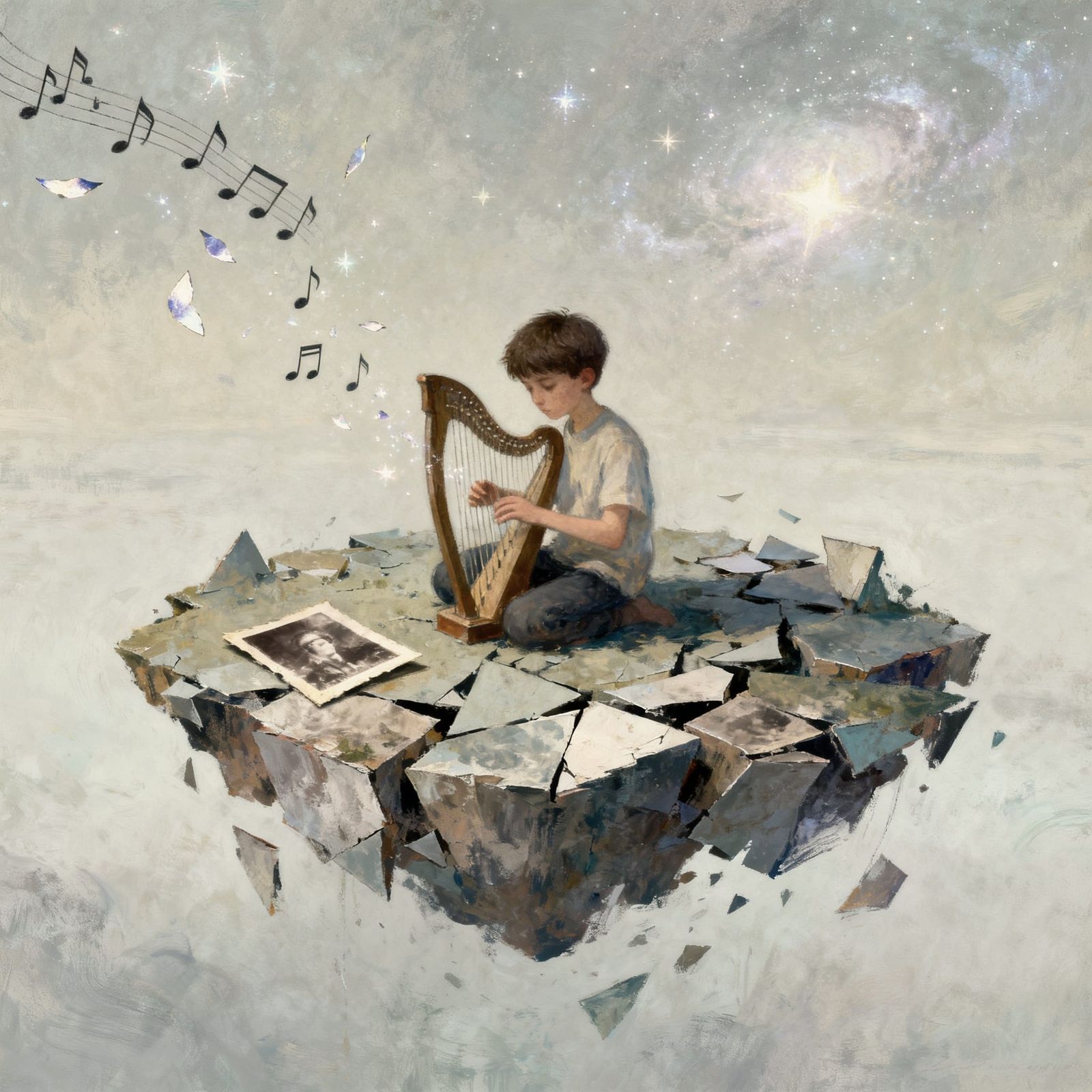 Floating Island of Memories: Boy Plays Harp Amidst Celestial...