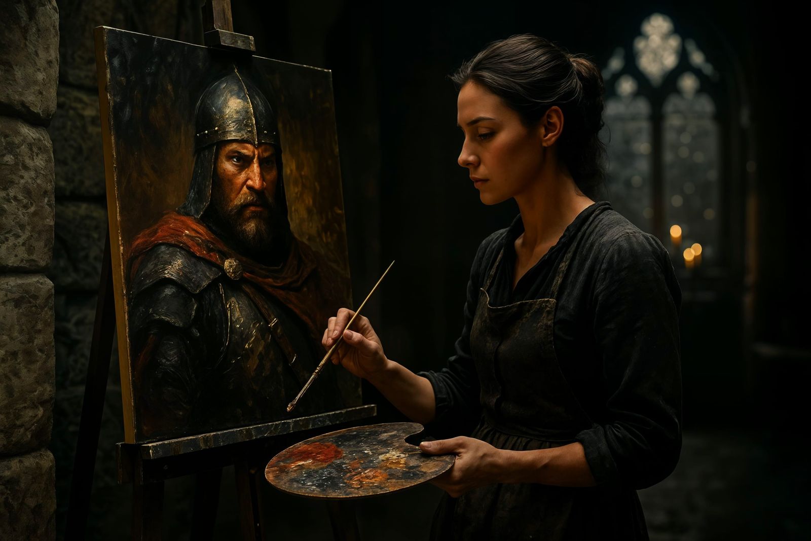 Artist Painting Warrior Portrait in Moody Castle