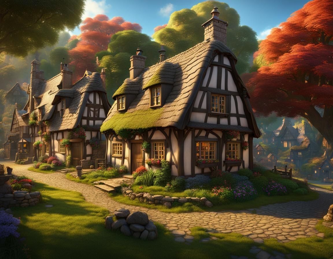 Fantasy Village Crossroads: Detailed Matte Painting