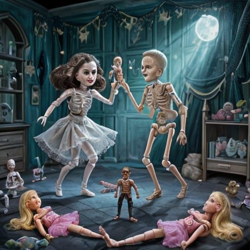 Skeleton Children Play with Barbie and GI Joe Dolls
