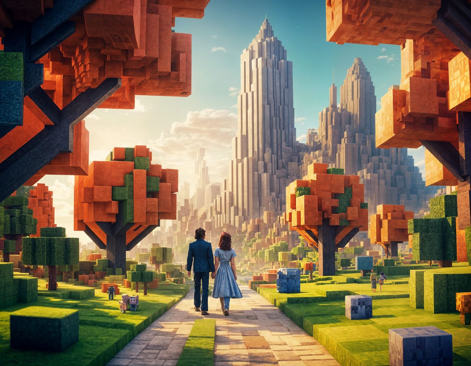 Surreal Cubist Cityscape with Walking Couple in Photorealist...