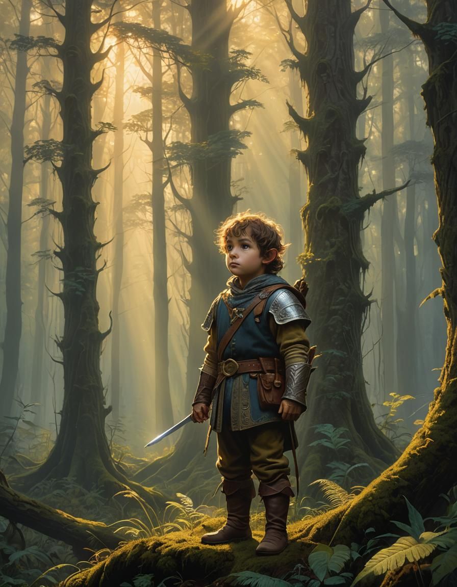 Defiant Halfling in Misty Forest: Ethereal Oil Painting