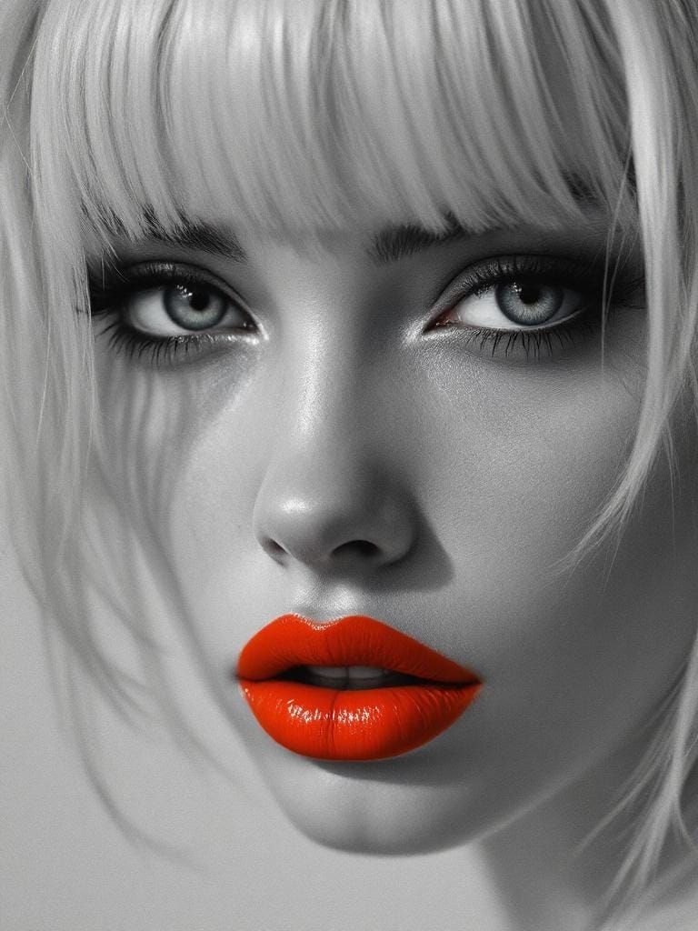 Monochrome Portrait with Vivid Red Lips in Digital Art Style